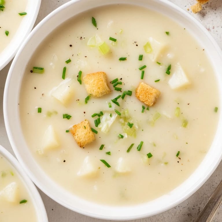 Thick, velvety Potato Leek Soup swirls in a white bowl, the aroma of garlic and leeks inviting.