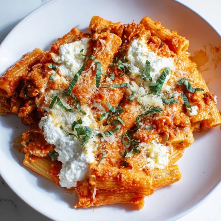 A close-up of a steaming one-pan baked ziti, showcasing melted mozzarella and ricotta.