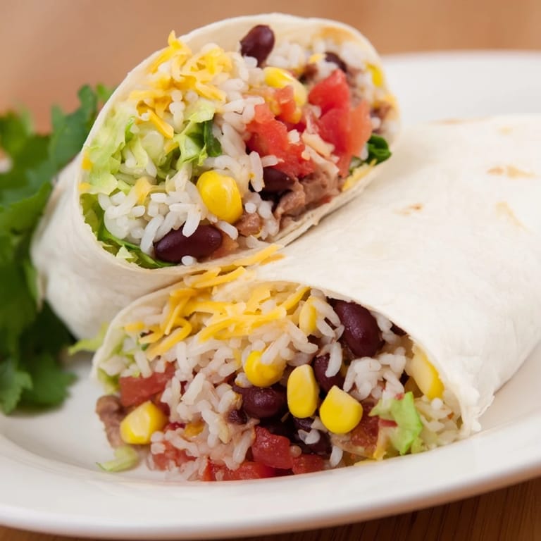A colorful cross-section reveals the layers within this hearty Rice & Bean Burrito, ready to eat.