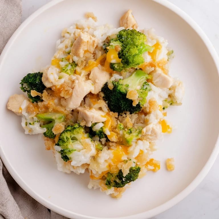 Tender chicken and broccoli baked in a comforting Chicken & Broccoli Rice Casserole, ready to serve and enjoy.