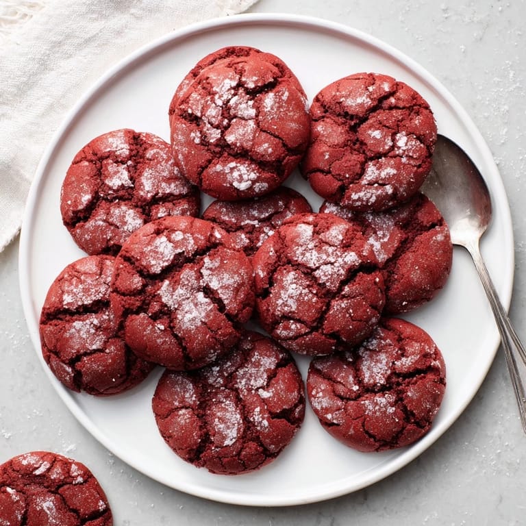 Freshly baked Red Velvet Chocolate Crinkle Cookies with a crackled surface; a delicious dessert treat.