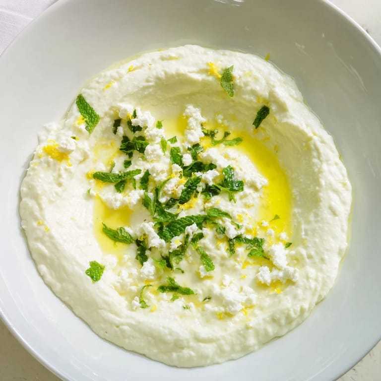 Close-up of a vibrant whipped feta dip, finished with a zesty lemon-mint drizzle, ready to enjoy.