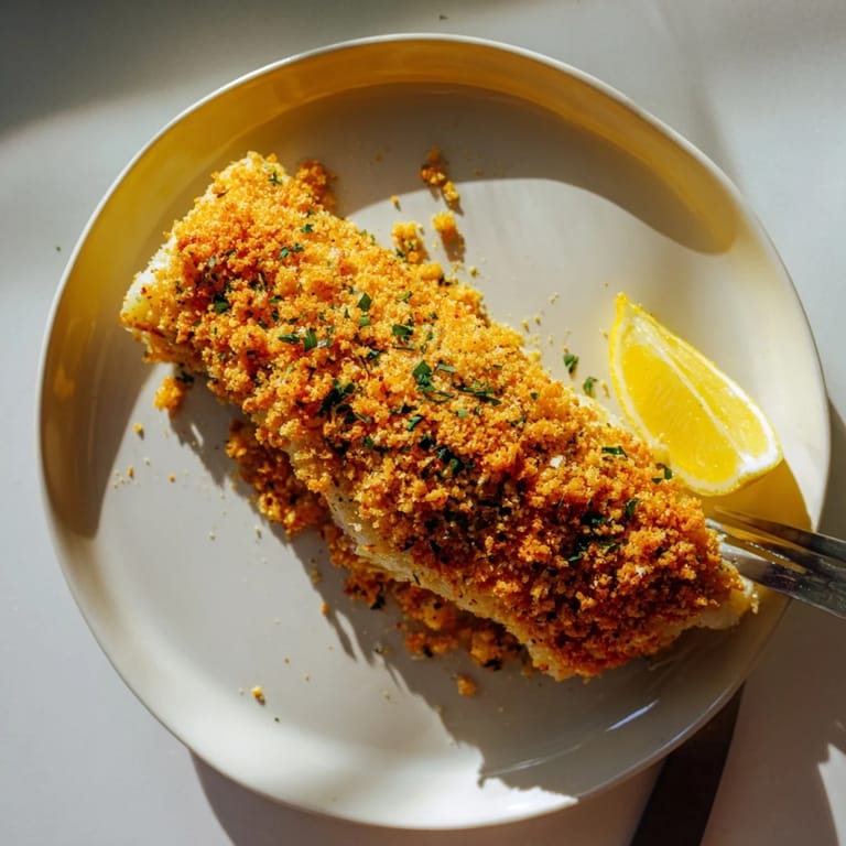 Close-up of baked cod with a crispy Ritz cracker topping, perfectly cooked and aromatic.