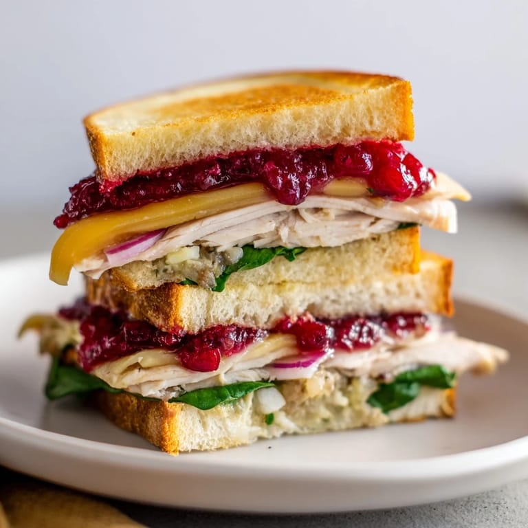 Warm and toasted, a close-up of a Budget Christmas Sandwich on brioche with melty cheese and tender turkey.