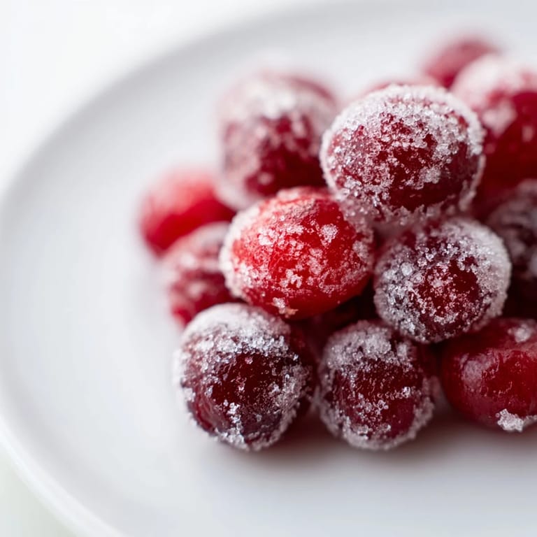 Freshly made vegan candied cranberry garnish, sweet and tart, ready to decorate a holiday cake.