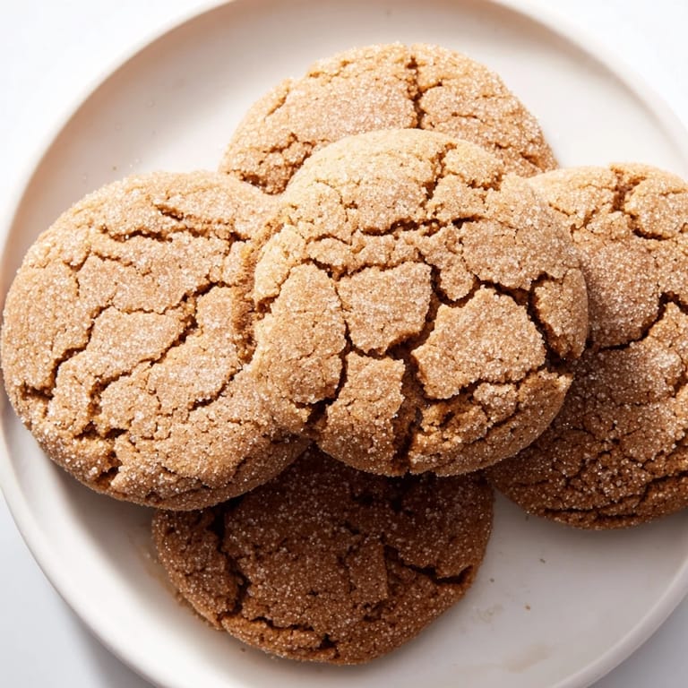 Close-up of baked Express Gingerbread Latte Cookies, showing cracks and a dusting of glistening sugar.