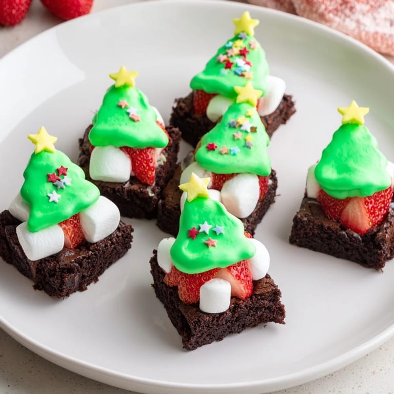 Homemade Express Christmas Tree Brownie Hats, a delicious dessert with a strawberry "hat" and green chocolate frosting.