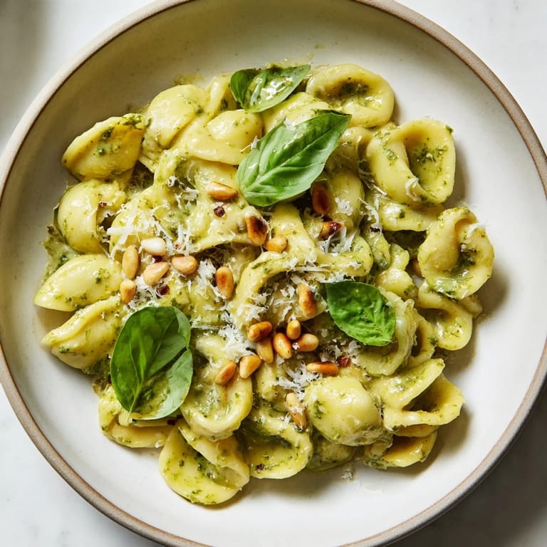A serving of vibrant 15-Minute Creamy Pesto Risoni, garnished with pesto and toasted pine nuts.