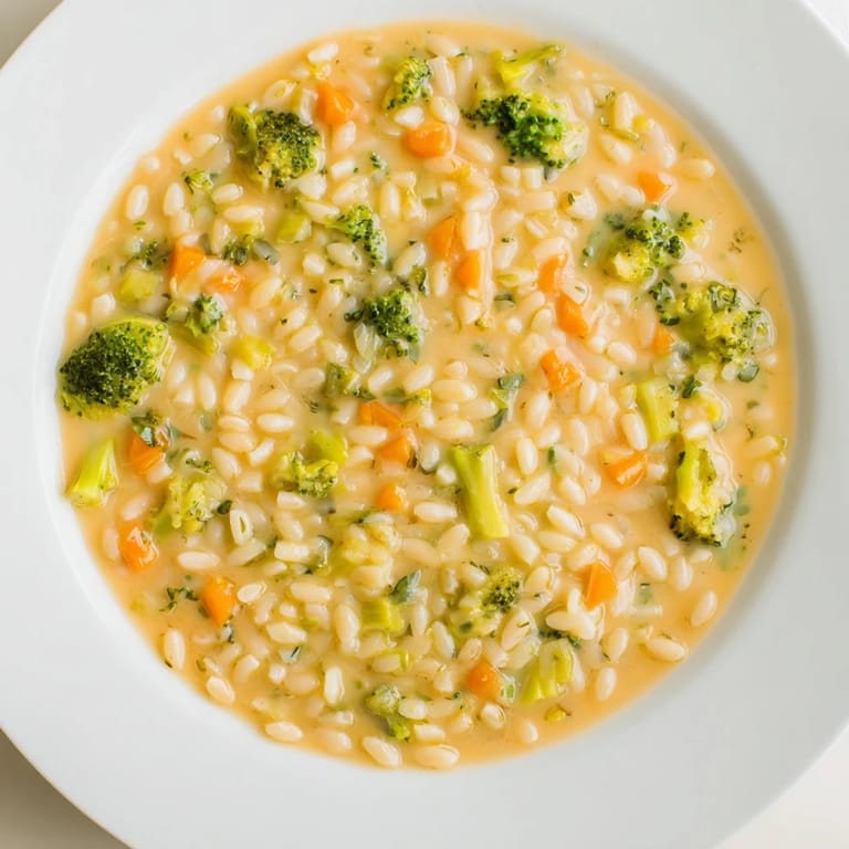 A close-up of cheesy One-Pot Broccoli Cheddar Ditalini Soup, ready to ladle into warm bowls for dinner.