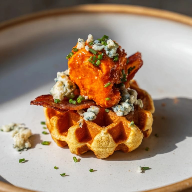 A close-up shot of savory Crispy Buffalo Chicken and Bacon Waffle Bites ready for game day enjoyment.