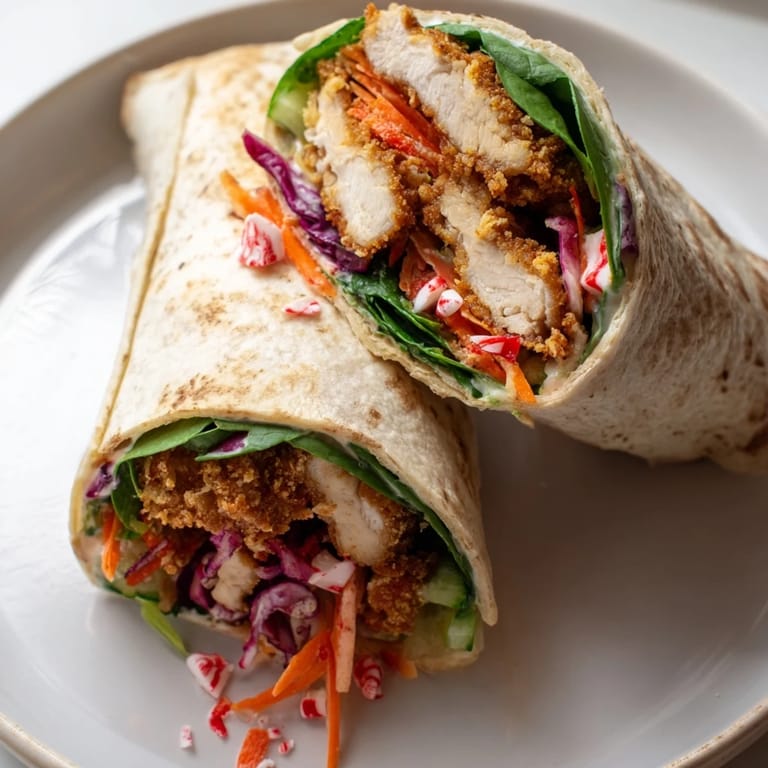 A close-up of a festive Candy Cane Crunch Chicken Veggie Wrap, showcasing chicken and fresh fillings.