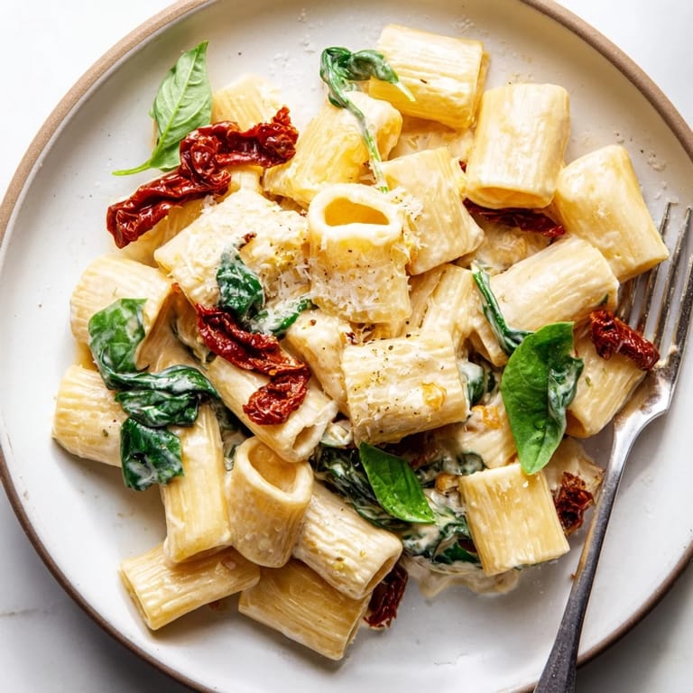 Flavorful Creamy Sun-Dried Tomato Spinach Cottage Cheese Pasta: a comforting vegetarian dish featuring tender pasta.