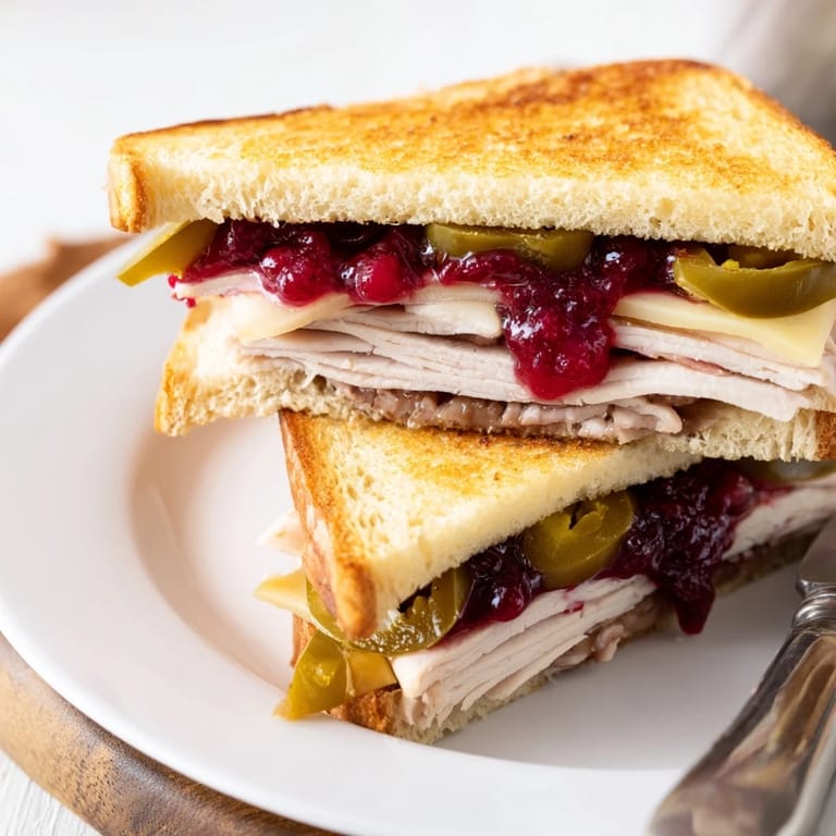 A close-up of a perfectly toasted Air Fryer Jalapeño Cranberry Turkey Grilled Cheese, ready to eat.