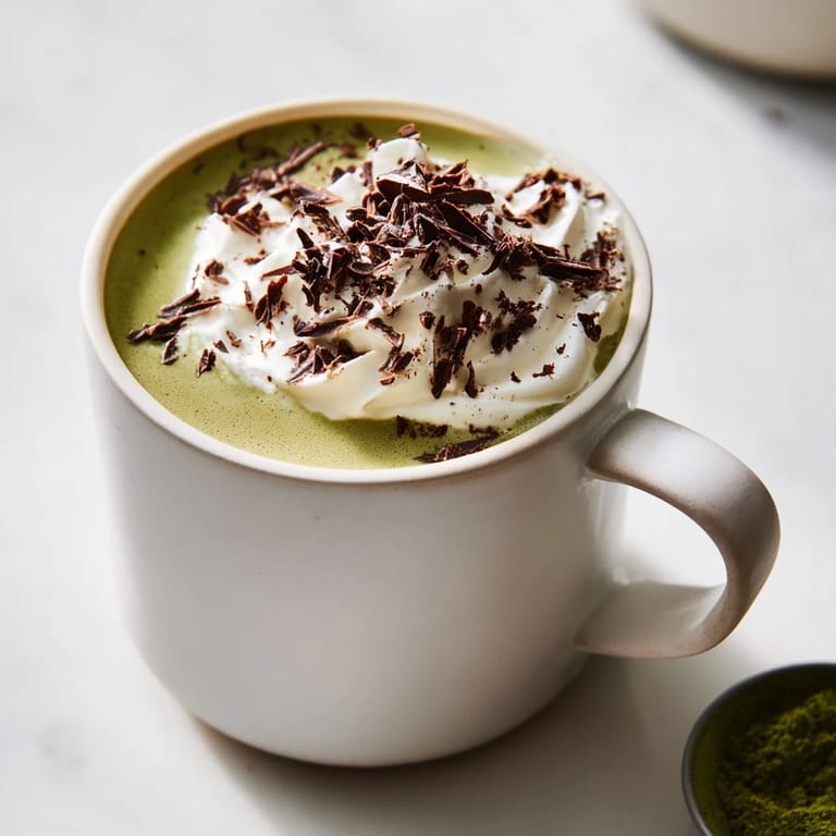 A close up shows the rich, frothy Matcha Hot Cocoa Protein Mug topped with dark chocolate shavings.