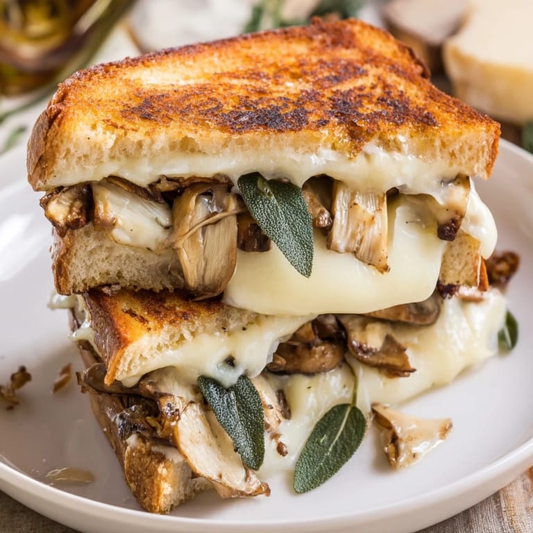 A close-up of a perfectly grilled Roast Garlic Mushroom & Thyme Grilled Cheese, rich with melted cheese.