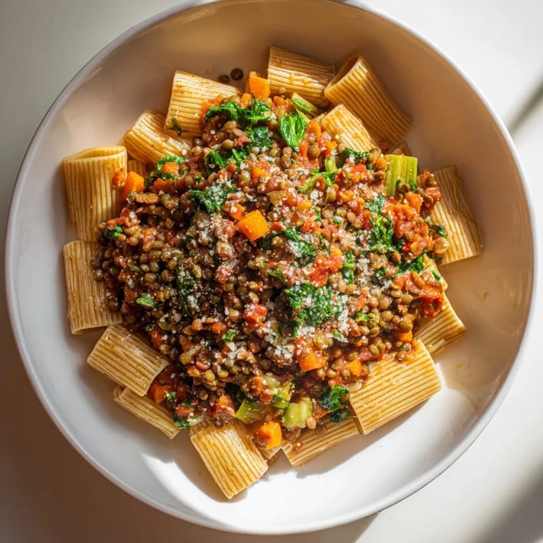 Rich, hearty High-Fiber Lentil Bolognese, perfect for a Christmas dinner, served with pasta and cheese.