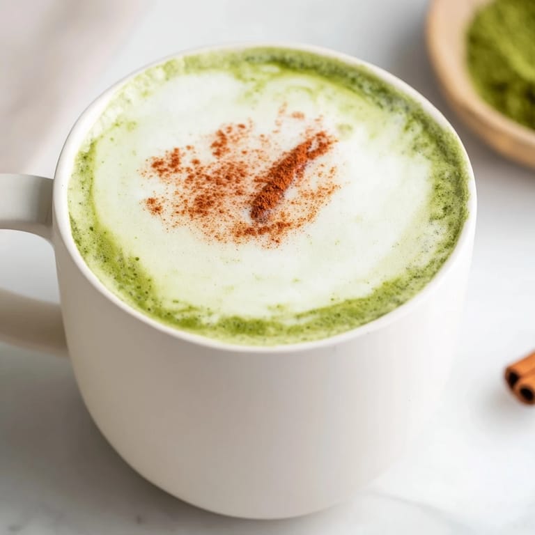 A vibrant, layered Maple Cinnamon Gingerbread Matcha Oat Latte garnished with a cinnamon stick, delicious!