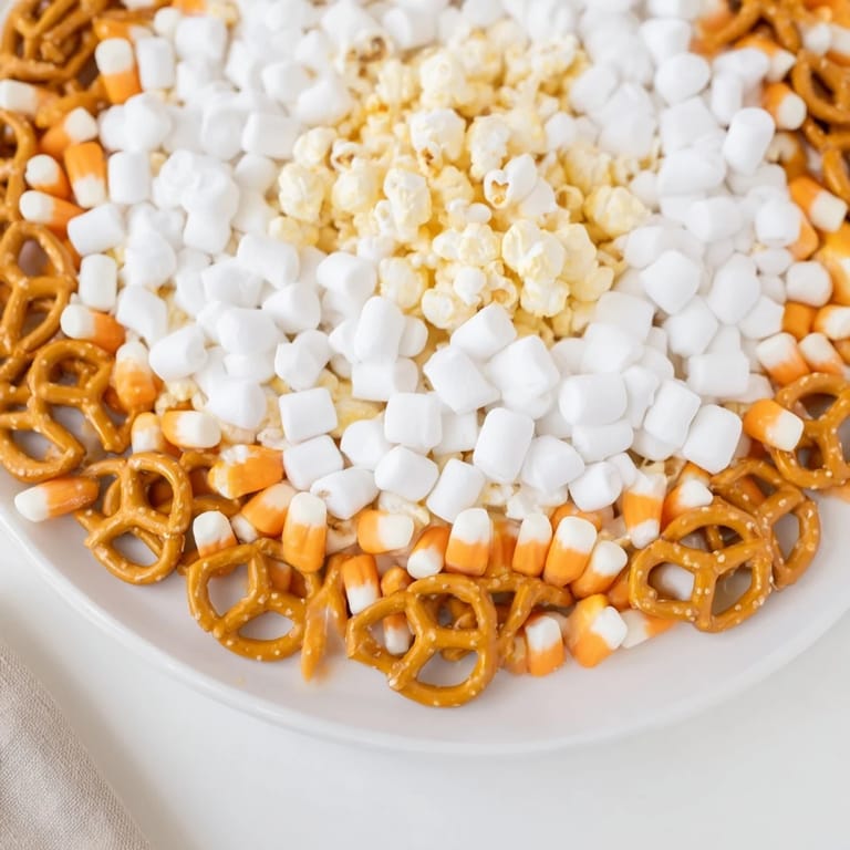 Vibrant photo shows a festive Candy Corn Spooky Board, featuring colorful candy and savory bites.