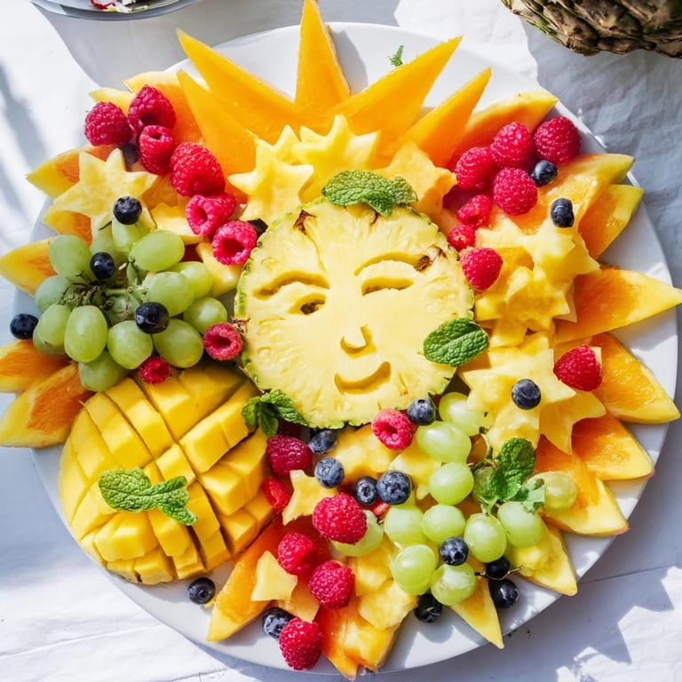 A colorful close-up of the Summer Rays Sun-Shaped Fruit Tray, ready for a healthy and fun snack.