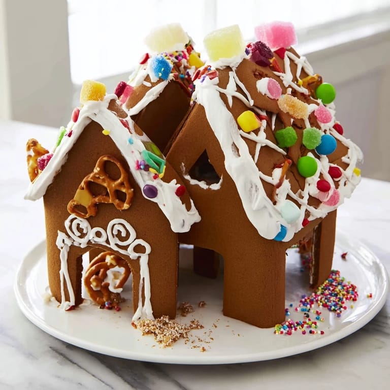 Brightly decorated gingerbread house kit, ready to be built with included royal icing and candies.