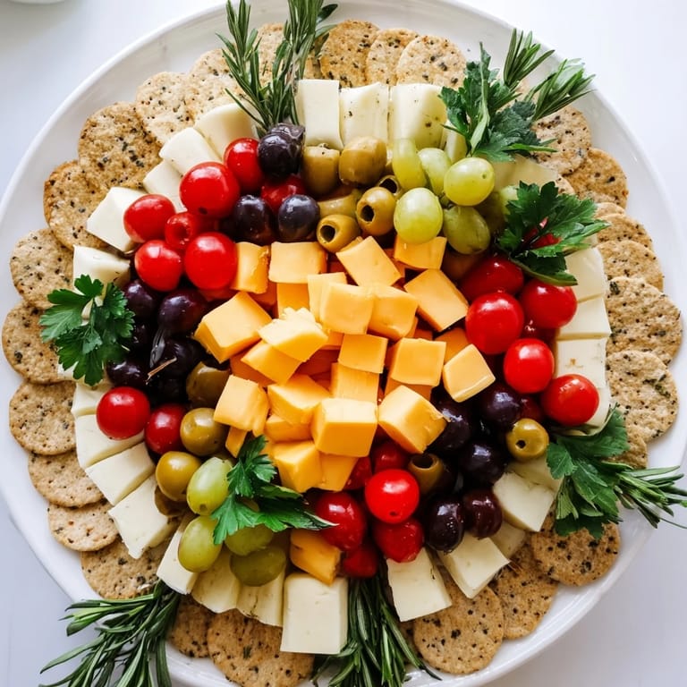 Festive Jingle Bell Cheese & Cracker Wreath with creamy cheeses, juicy grapes, and fragrant rosemary sprigs.