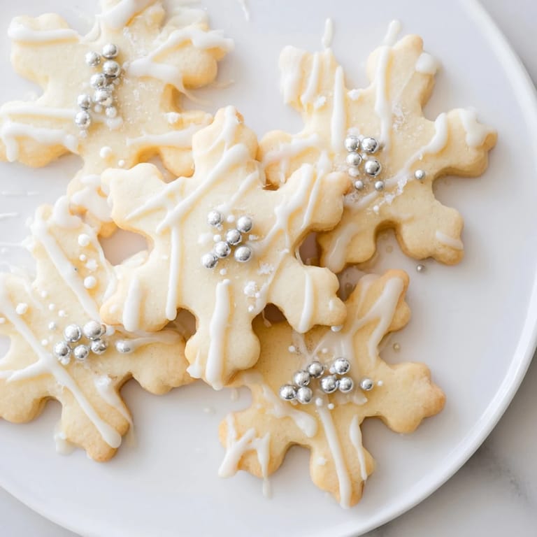 Close-up of freshly baked snowflake cookies decorated with white chocolate and silver sprinkles.