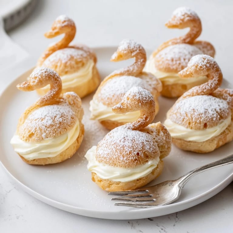 Golden-brown Elegant Swan Mini Pastries sit on a plate, ready to be enjoyed with their sweet cream.