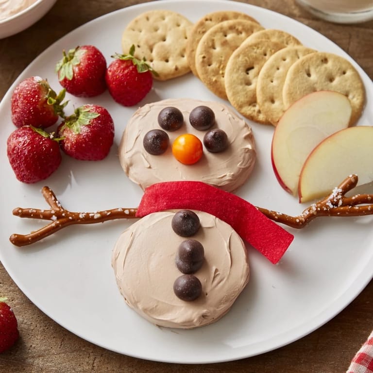 A delightful view of a decorated Hot Cocoa Dip snowman ready for dipping with assorted treats.