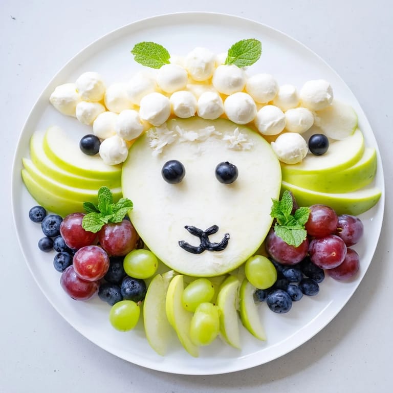 Enjoy the unique Lamb Face Fruit and Cheese Platter, a delightful snack featuring mozzarella "wool" and mint.