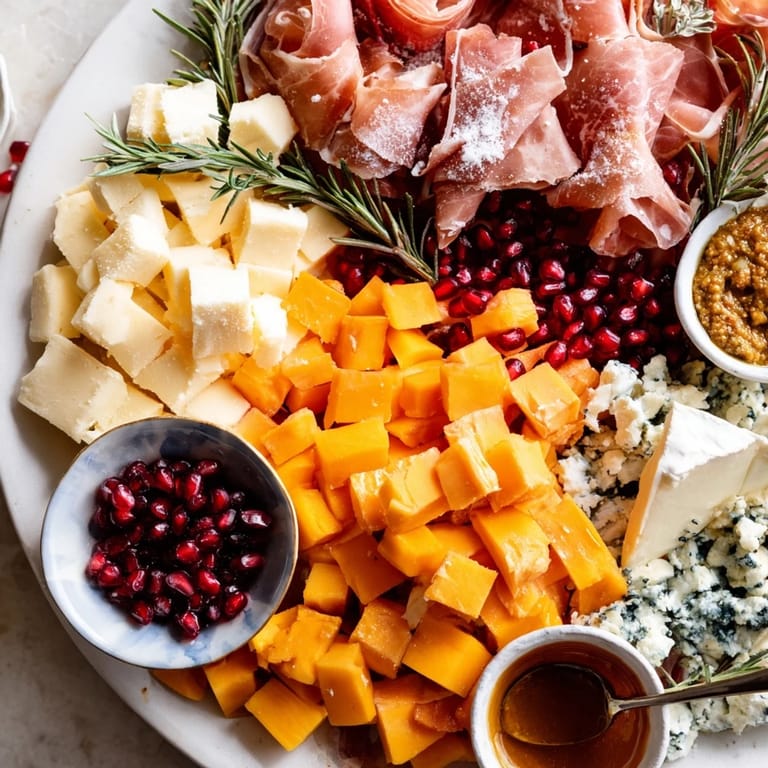 This delicious winter forest charcuterie scene is filled with meats, cheeses, olives, and fresh grapes.