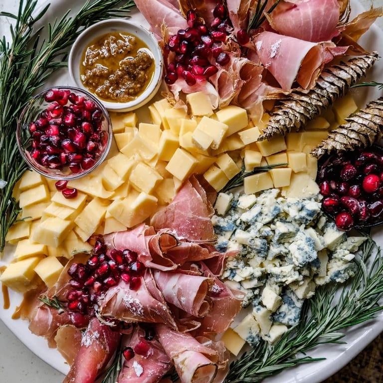 Imagine a festive winter forest charcuterie scene, featuring rich cheeses and flavorful cured meats.