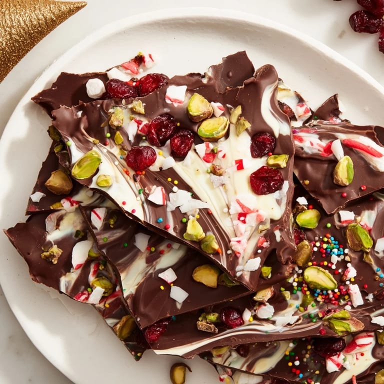 Enjoy the beautiful arrangement of festive Holiday Bark, ready for sharing on a dessert table.