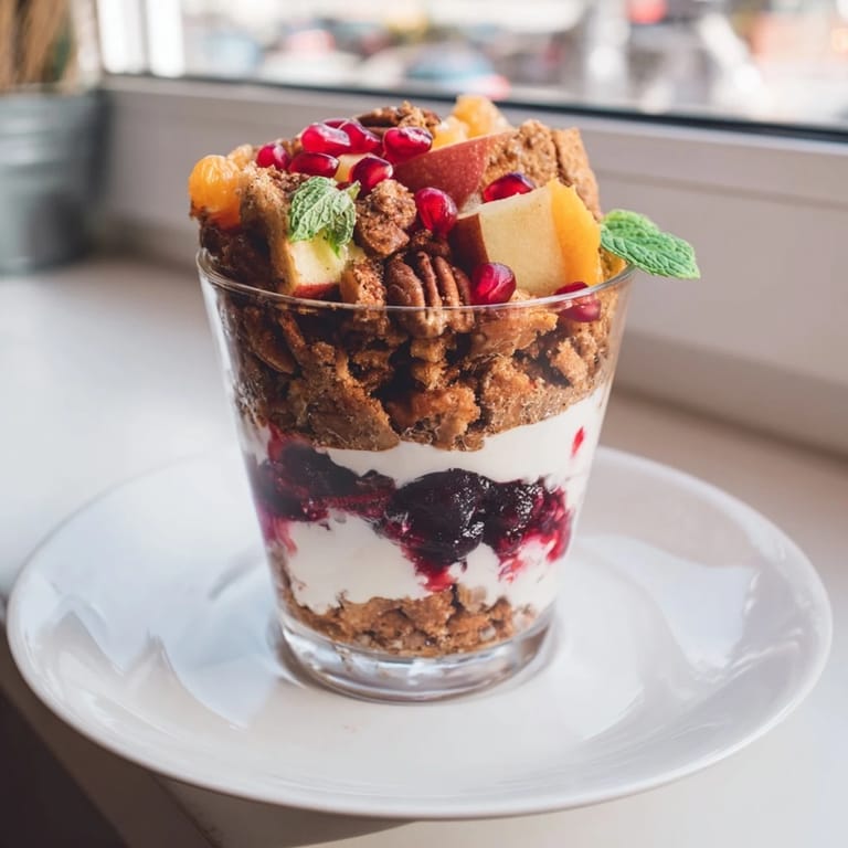 A beautiful Christmas Pudding Yogurt Parfait Bar with colorful layers perfect for a holiday breakfast treat.