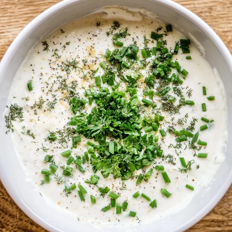 Close-up of a flavorful Veggie Ranch Dip, featuring a creamy texture and fresh, vibrant herbs.