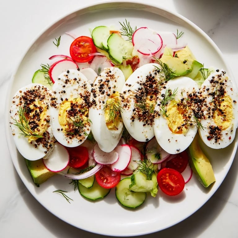 Perfectly arranged Brunch Board: showcasing sliced eggs, veggies, and toppings for a satisfying snack or brunch.