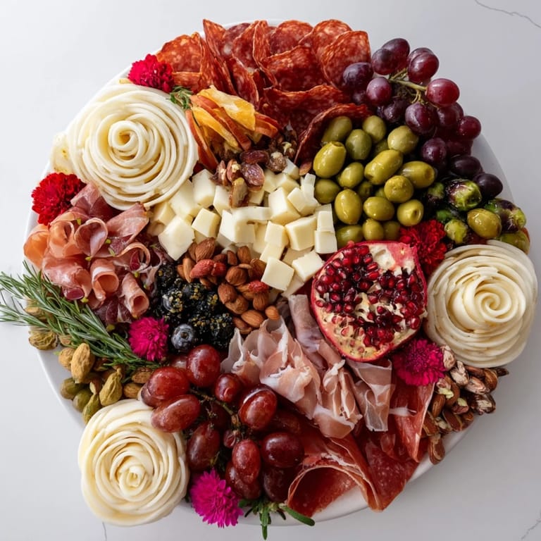 This Advanced Artisan Array boasts a maximalist display of cured meats, cheeses, and fresh fruits for serving.