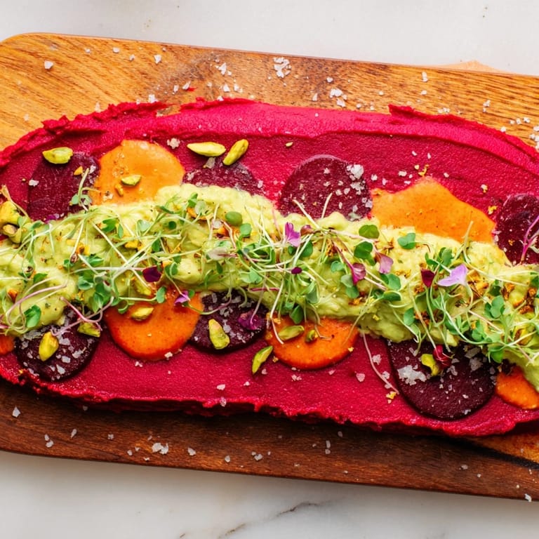 Enjoy the beautiful presentation of The Modernist Stripe: a vibrant arrangement of colorful purées and fresh garnishes.