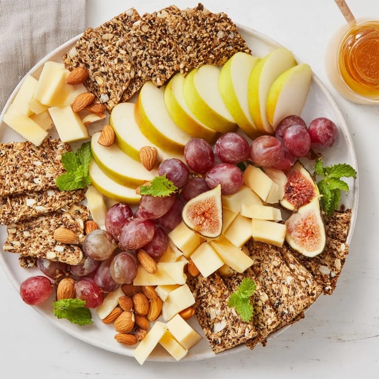 See this beautiful Harvest Scythe arrangement: breads, fruits, and cheeses offering a vibrant, shareable snack.