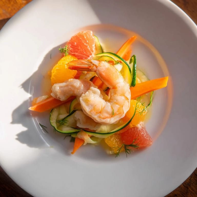 Delicious The Coral Reef recipe with cooked shrimp, colorful citrus, and melted Gruyère, ready to eat.