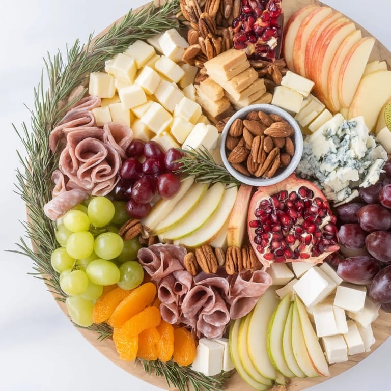 This festive Winter Wonderland Grazing Tray features colorful fruits and assorted meats, perfect for holiday events.