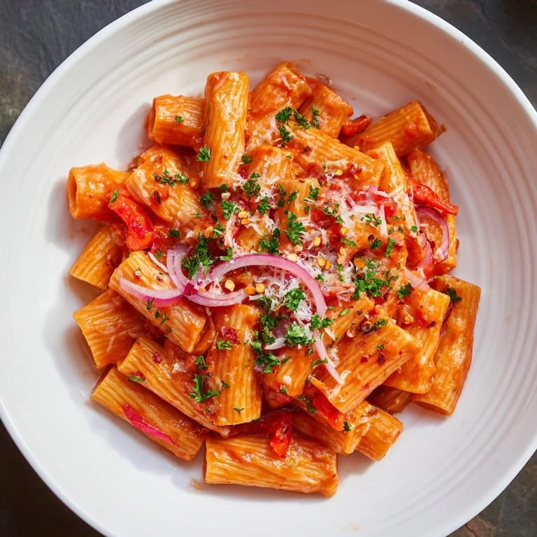 A close-up shot of fiery one-pot Diavola spicy pasta, showcasing the perfectly cooked pasta.