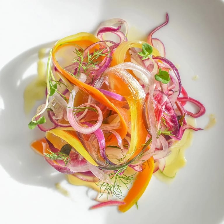 Arrange a fresh, colorful Spinning Top salad, showcasing thinly shaved vegetables for a beautiful appetizer.