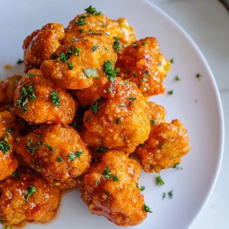 A platter of flavorful, saucy Sriracha-Buffalo Cauliflower Bites, perfect for game day or any gathering.
