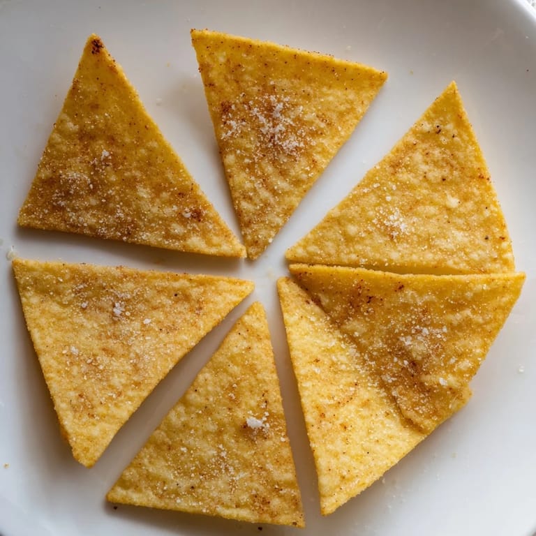 A close-up of perfectly seasoned Air-Fryer Tortilla Chips, ideal for a vegan snack, looking delicious.