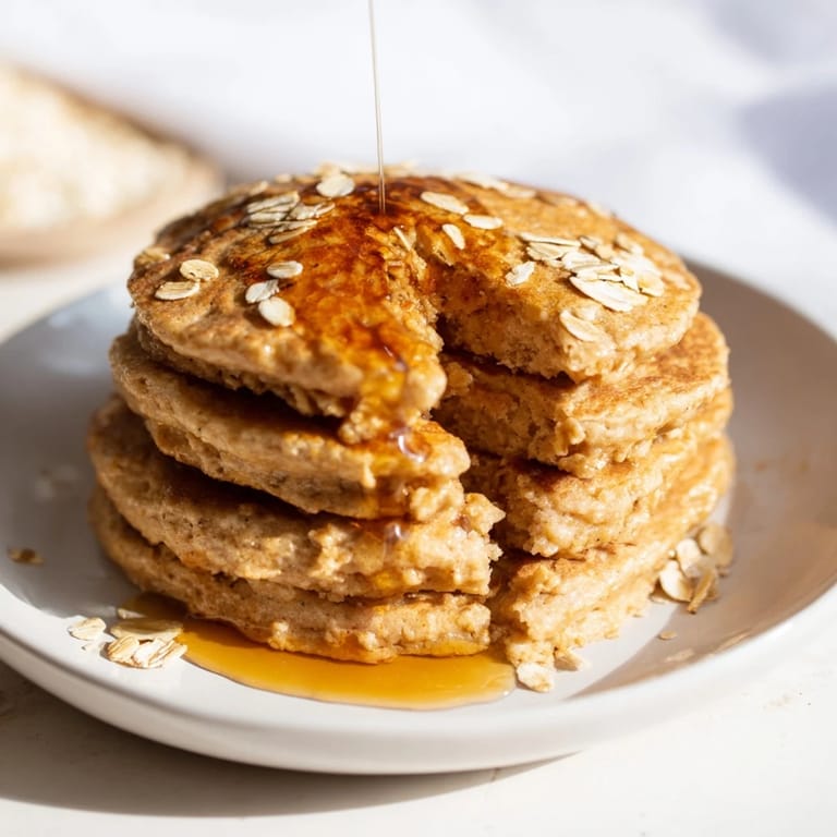Close-up of freshly cooked banana oat pancakes, showing their light texture and inviting appearance.