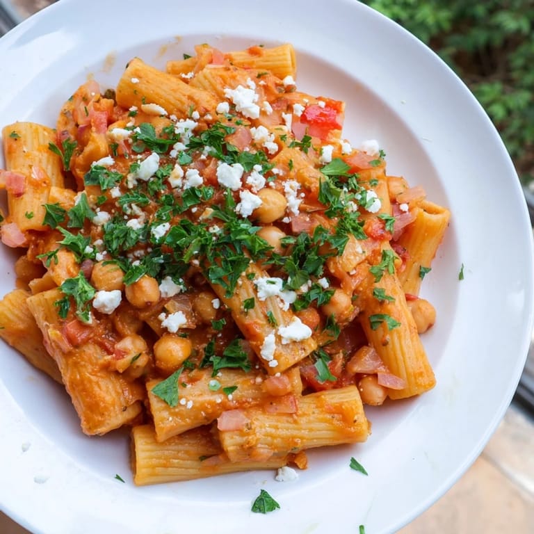 A comforting bowl of Harissa Chickpea Pasta, perfect for a vegetarian meal, looks utterly delicious and inviting.