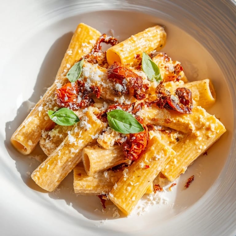 This photo displays a bubbling baked feta pasta with sun-dried tomatoes, tossed with fresh basil and penne pasta.