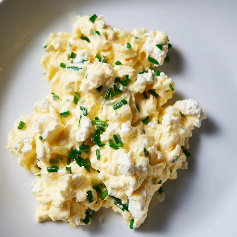 A flavorful plate of Cottage Cheese Scrambled Eggs with chopped chives, ideal breakfast choice.