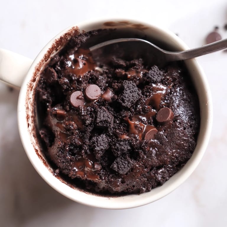 Freshly microwaved Oreo mug cake with a soft, chocolatey center, a quick dessert.