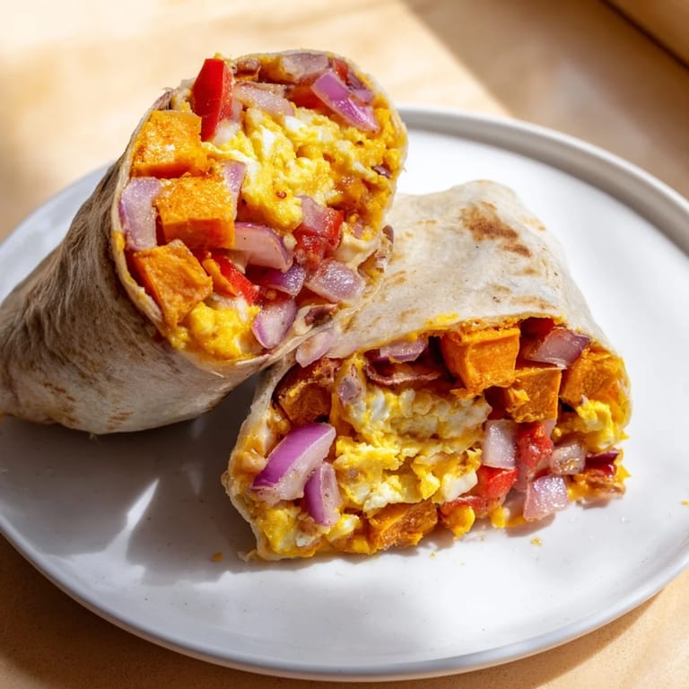 A close-up of a warm, perfectly wrapped sweet potato breakfast burrito, showing layers of filling ready to enjoy.